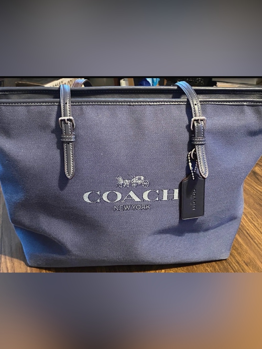 COACH Mollie Tote Denim Blue with Navy Leather Trim